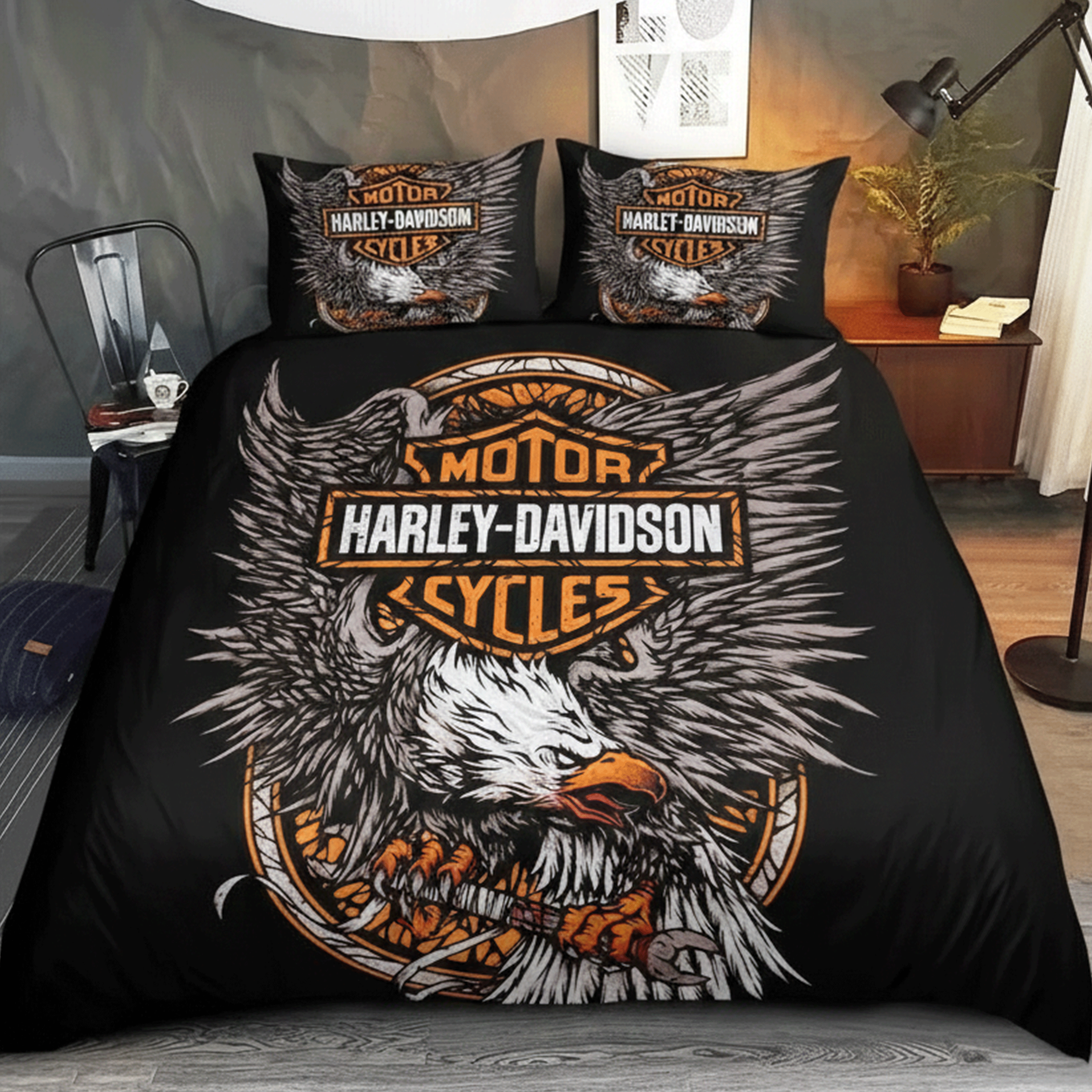 Retro Harley-Davidson style pattern 3-Piece Quilted Bedding Set