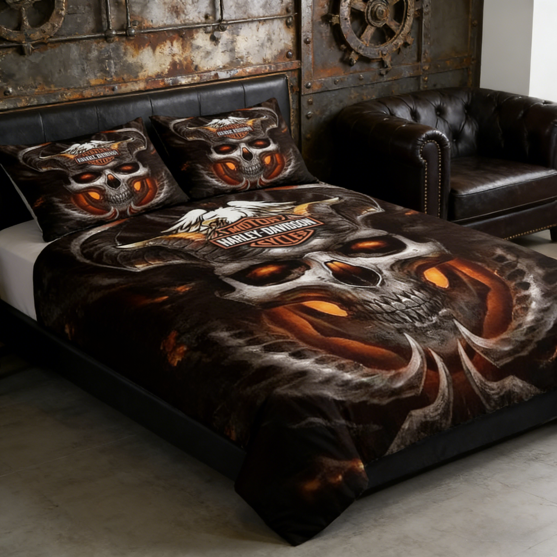 Retro Harley-Davidson style pattern 3-Piece Quilted Bedding Set