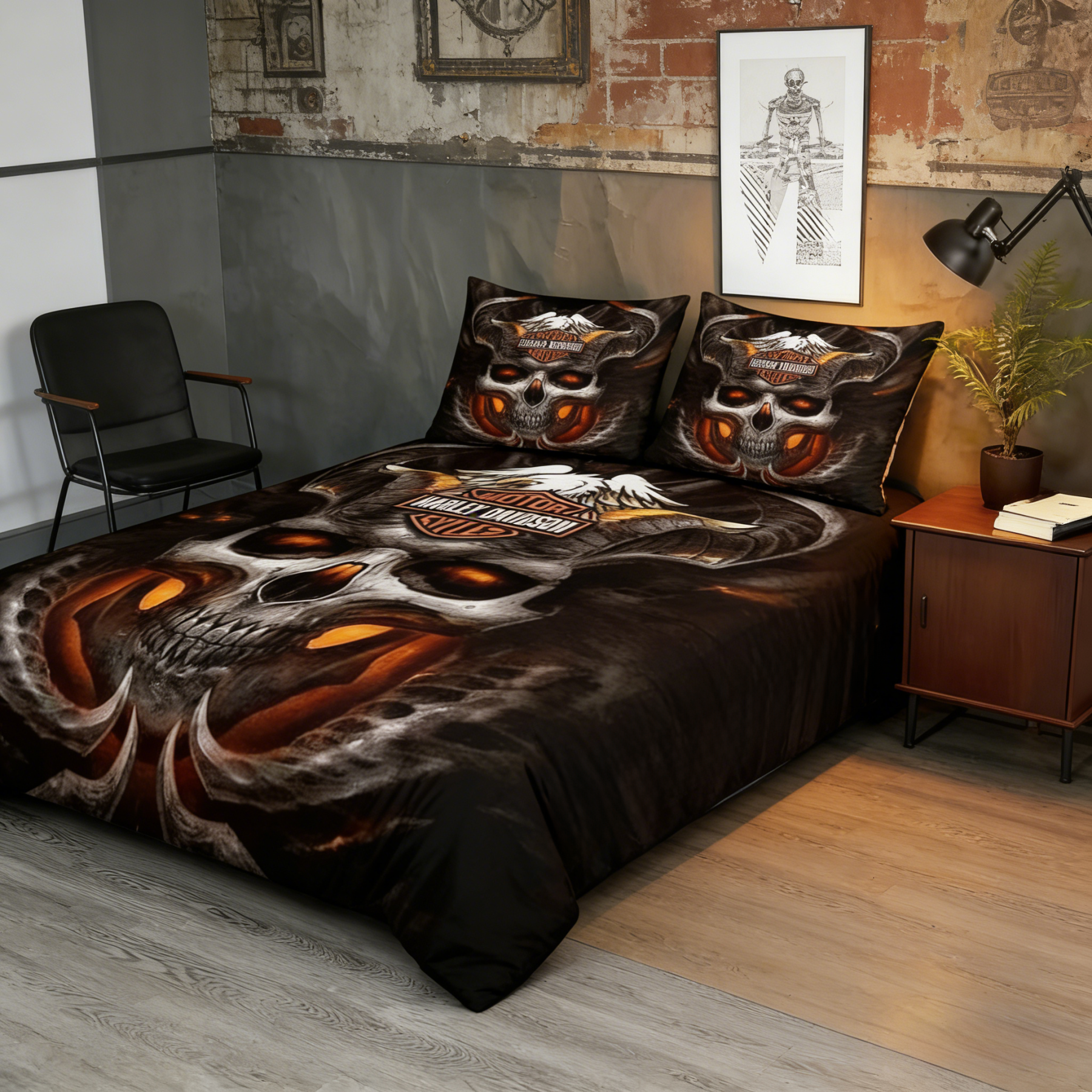 Retro Harley-Davidson style pattern 3-Piece Quilted Bedding Set