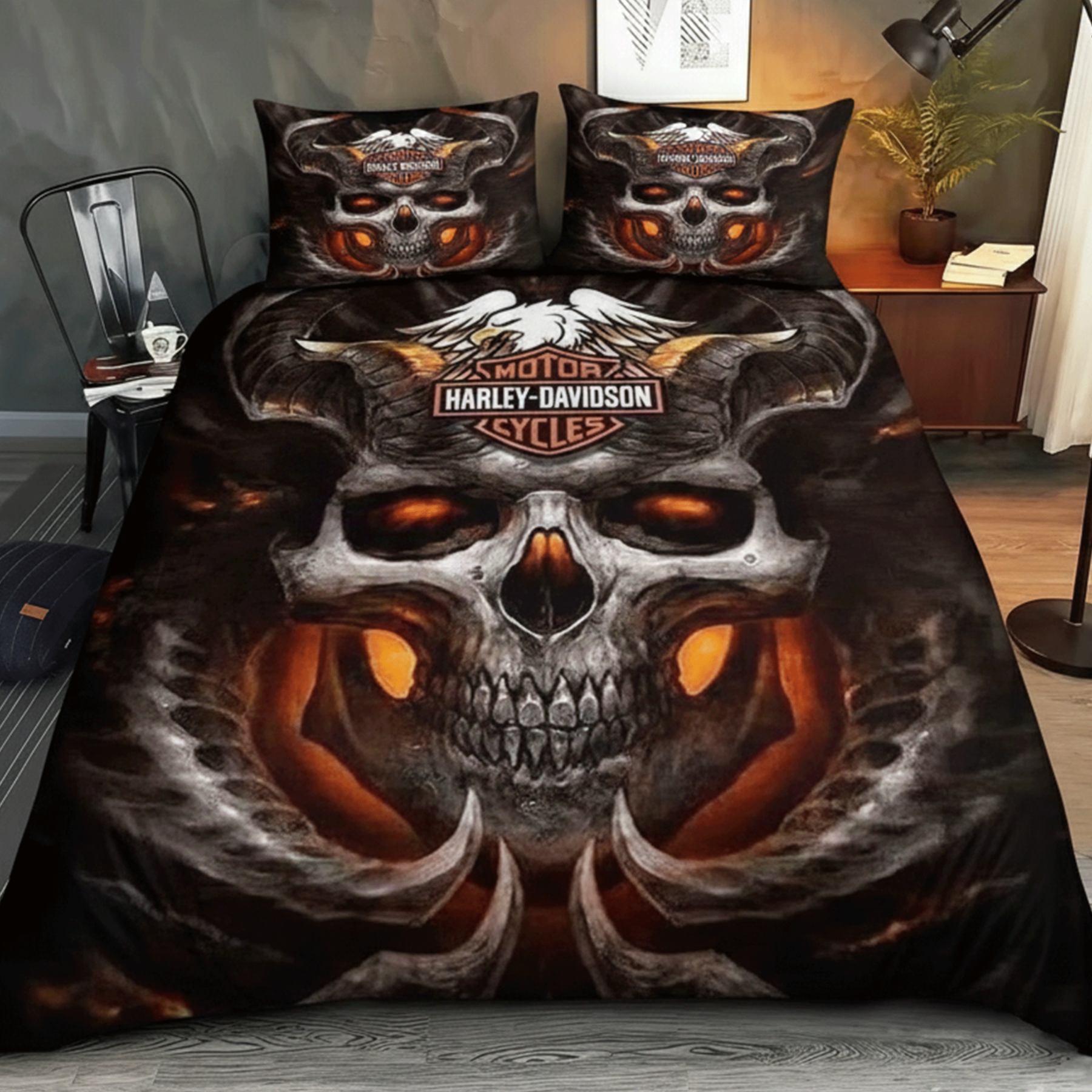 Retro Harley-Davidson style pattern 3-Piece Quilted Bedding Set