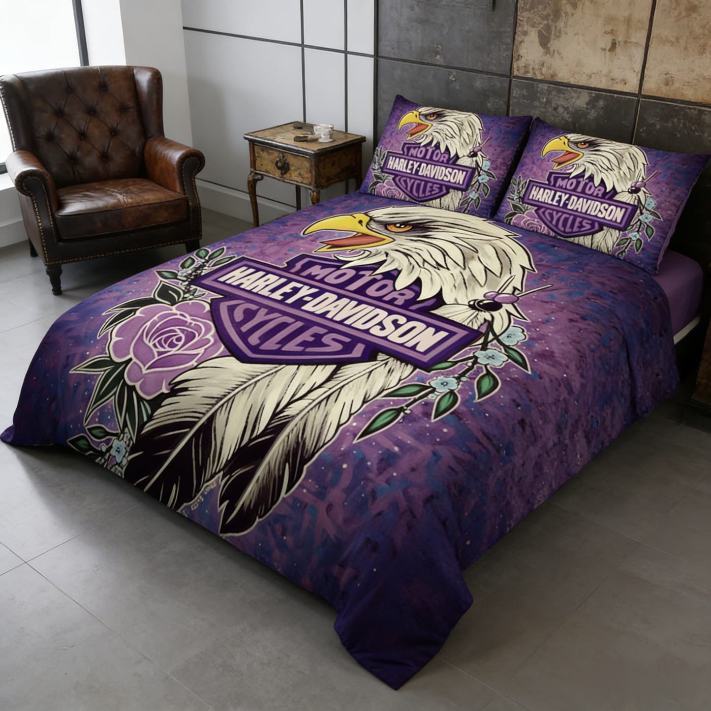 Retro Harley-Davidson style pattern 3-Piece Quilted Bedding Set