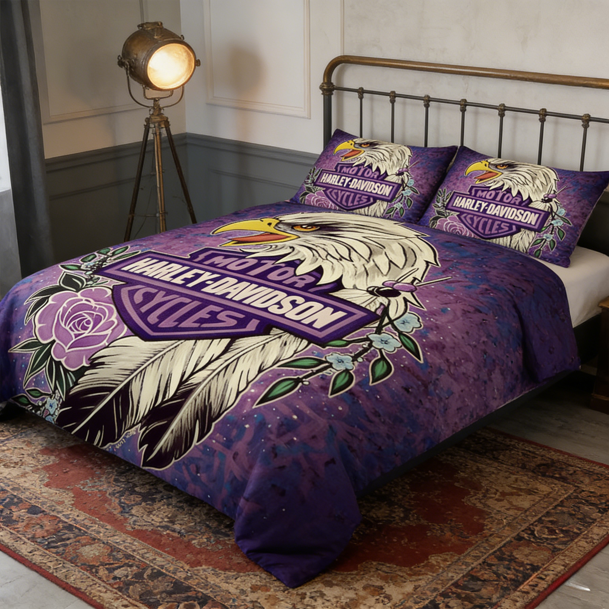 Retro Harley-Davidson style pattern 3-Piece Quilted Bedding Set