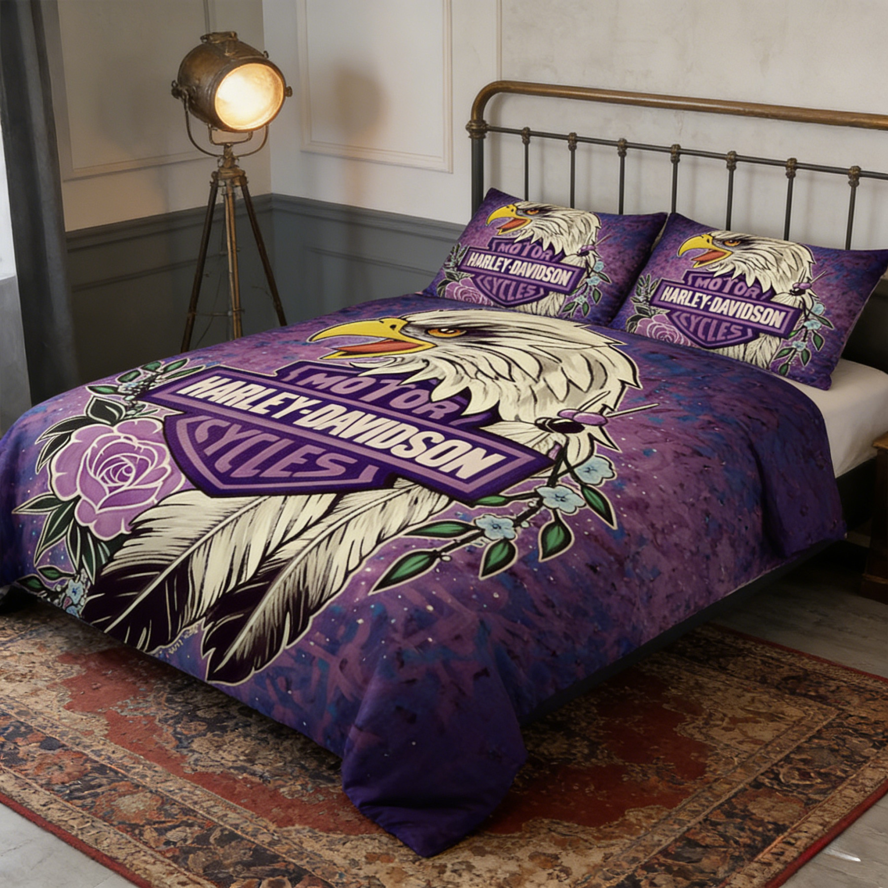 Retro Harley-Davidson style pattern 3-Piece Quilted Bedding Set