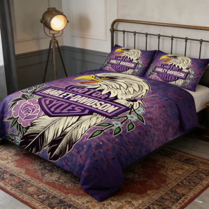 Retro Harley-Davidson style pattern 3-Piece Quilted Bedding Set