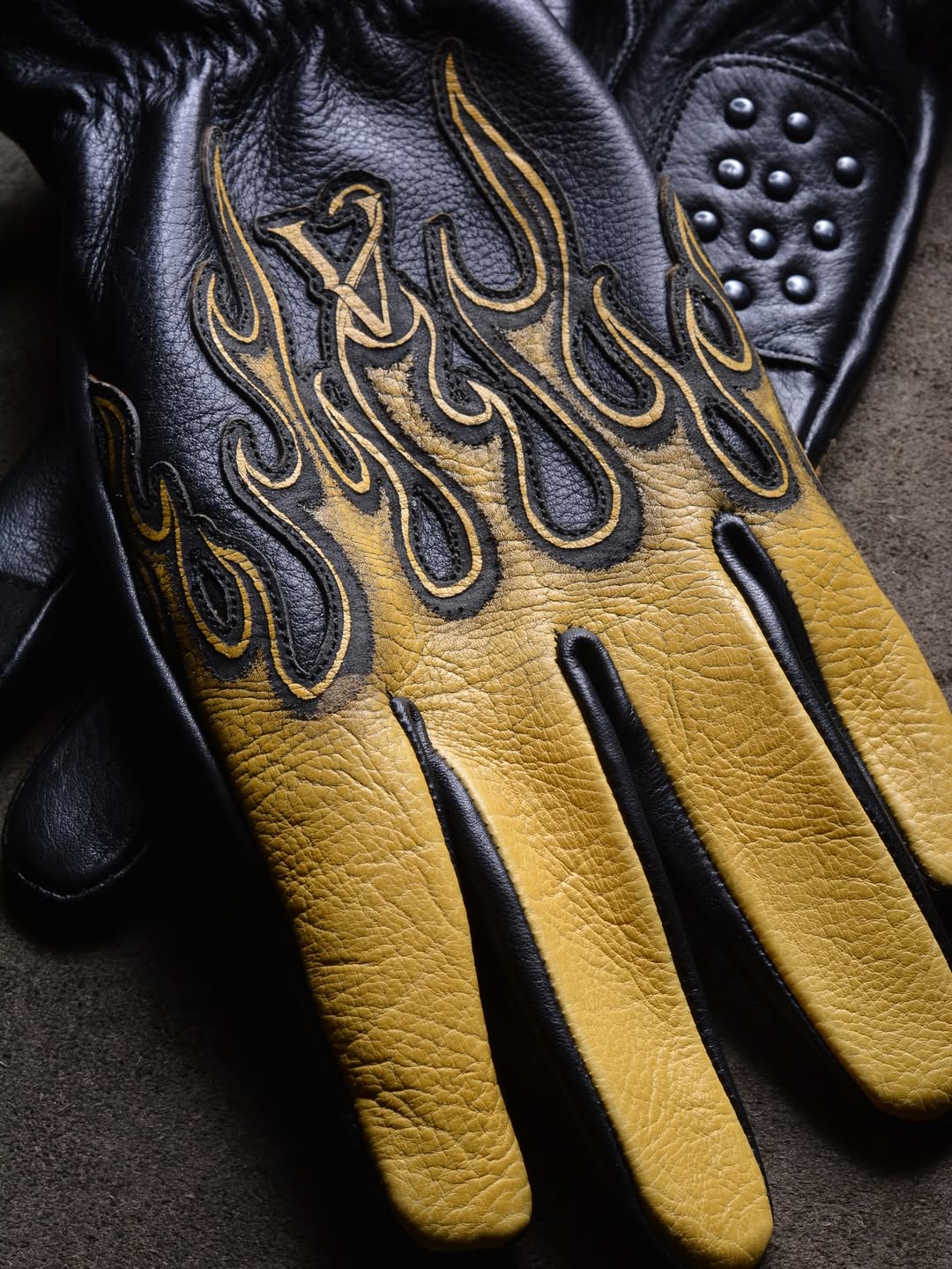 Vintage Workwear Yellow Flame Contrast Genuine Leather Biker Gloves