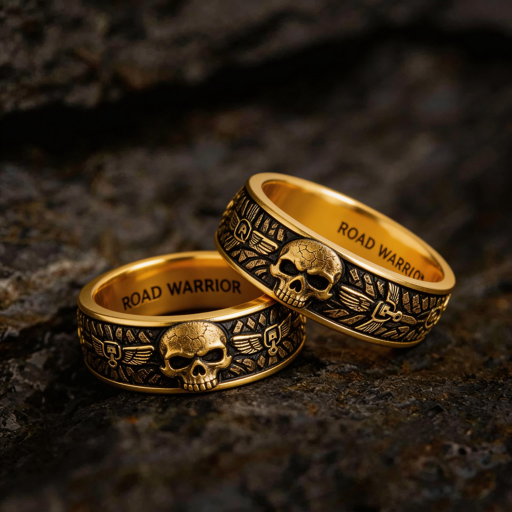 Vintage Harley-style rubber tire texture gold ring