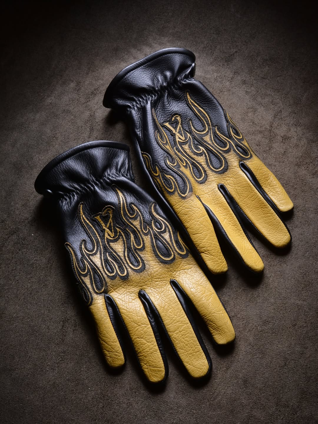 Vintage Workwear Yellow Flame Contrast Genuine Leather Biker Gloves