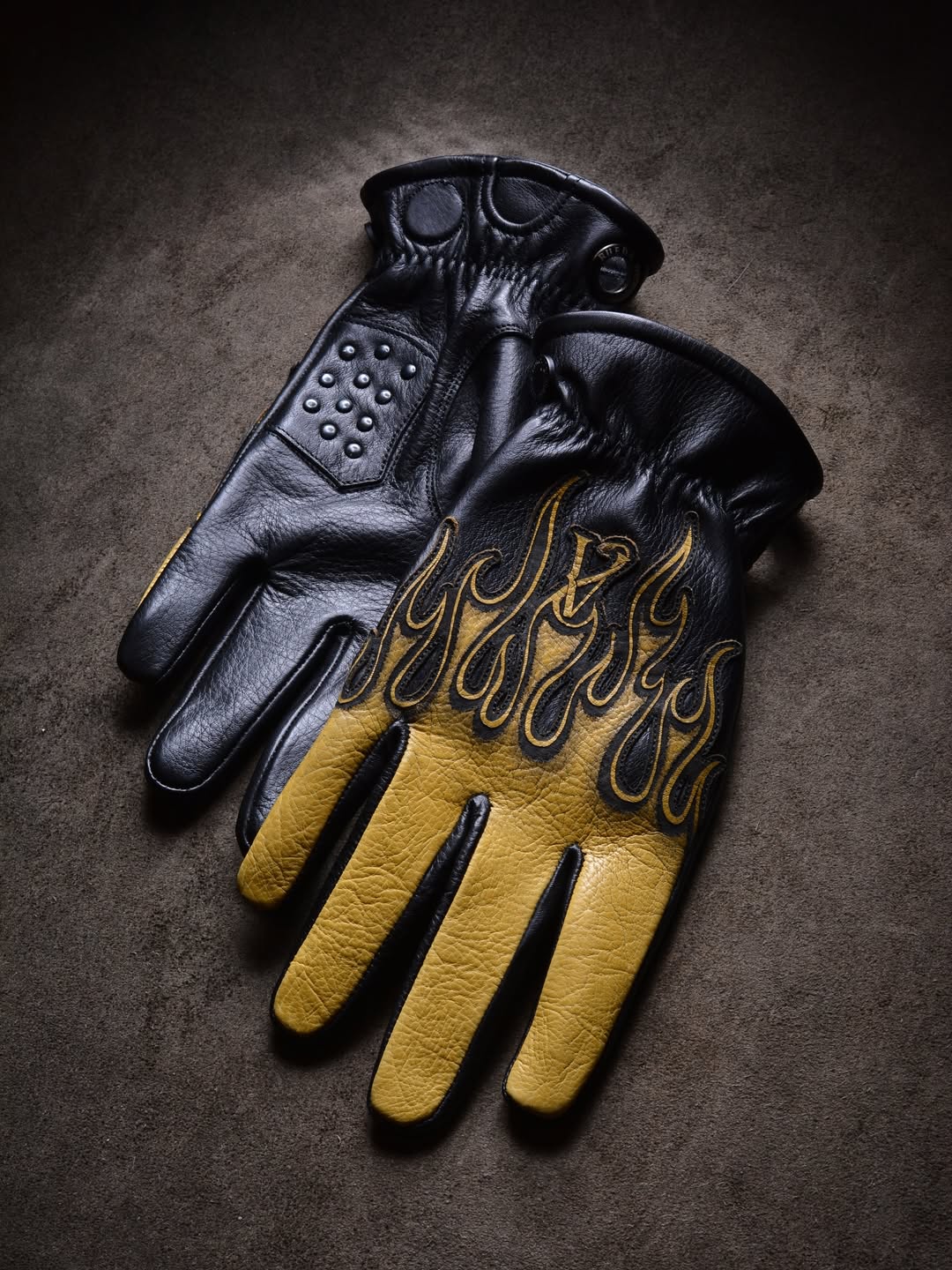 Vintage Workwear Yellow Flame Contrast Genuine Leather Biker Gloves
