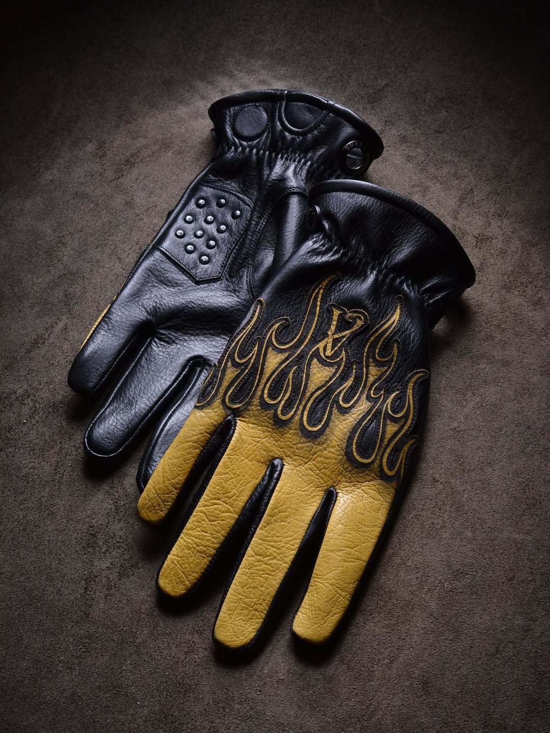 Vintage Workwear Yellow Flame Contrast Genuine Leather Biker Gloves