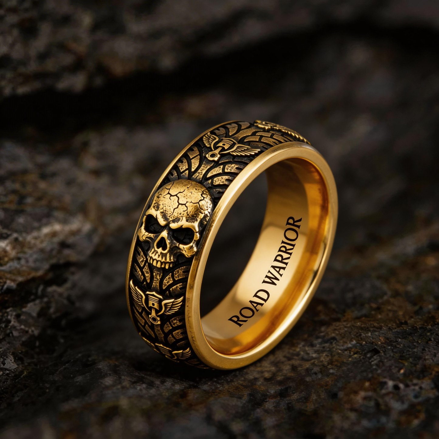 Vintage Harley-style rubber tire texture gold ring