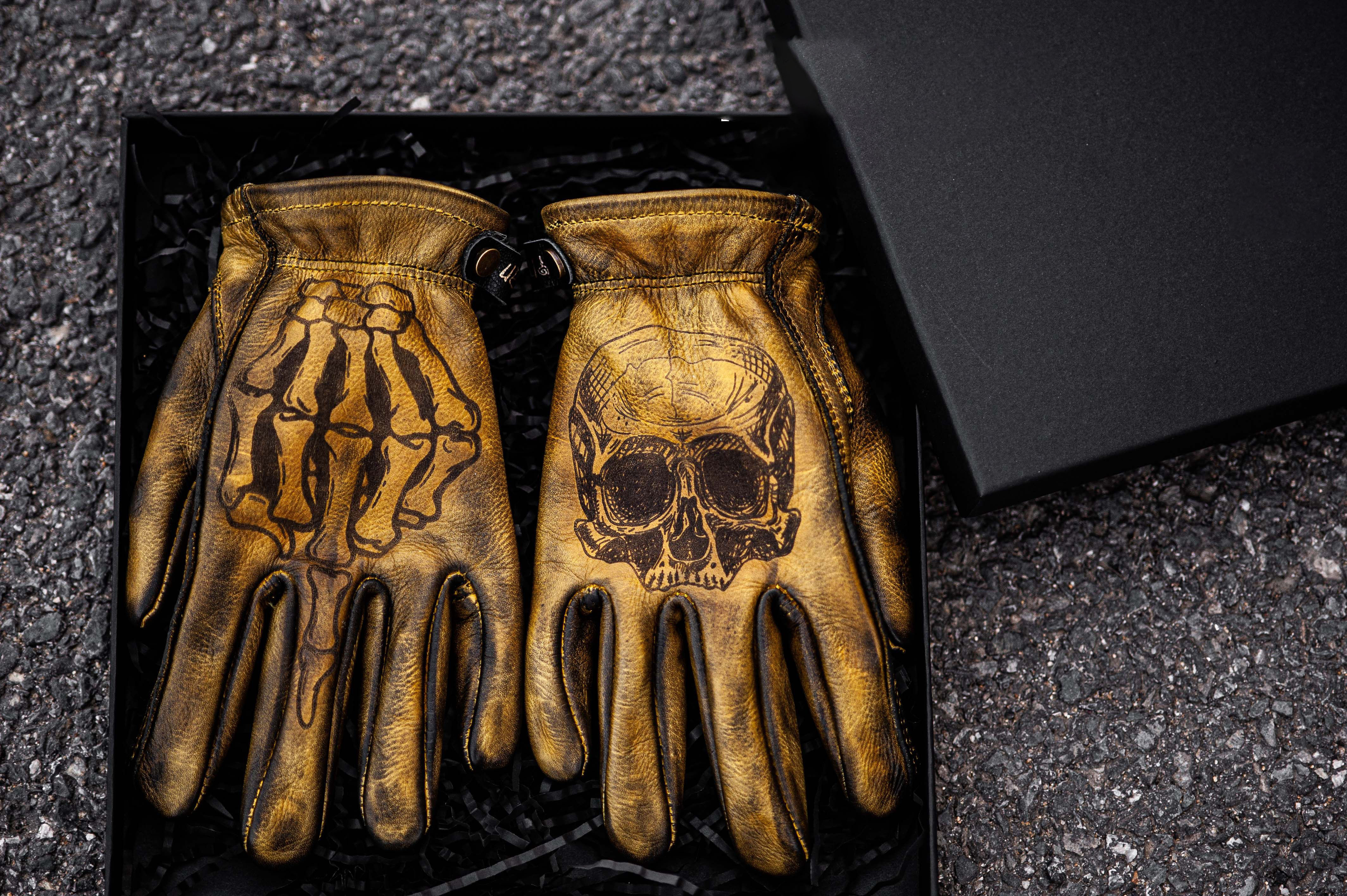 Vintage Distressed Leather Skull Printed Retro Motorcycle Riding Gloves