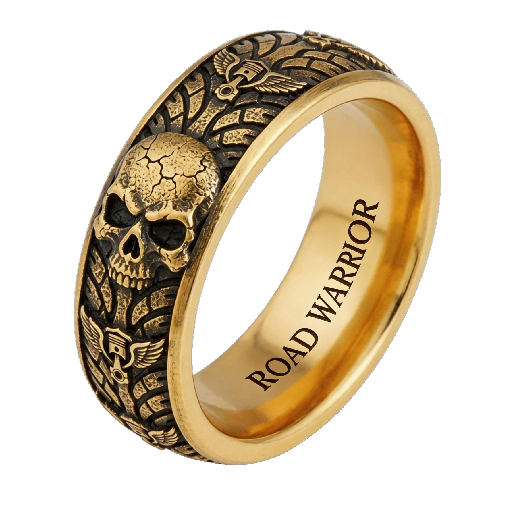 Vintage Harley-style rubber tire texture gold ring