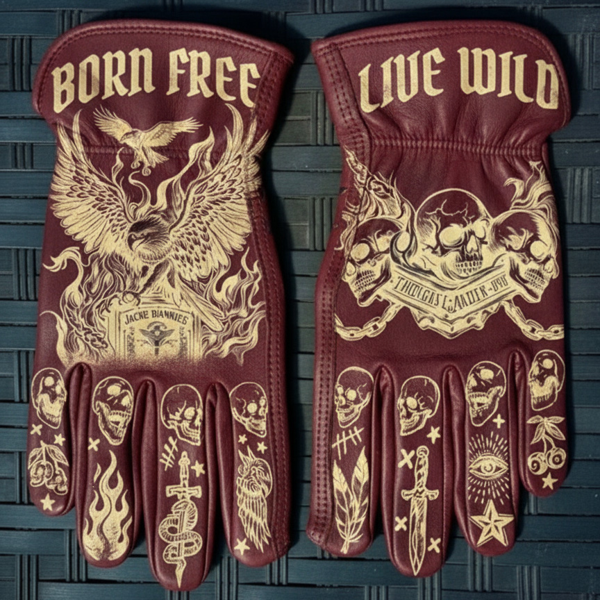 Freedom Spirit Eagle Tattoo Print Vintage Leather Work Gloves