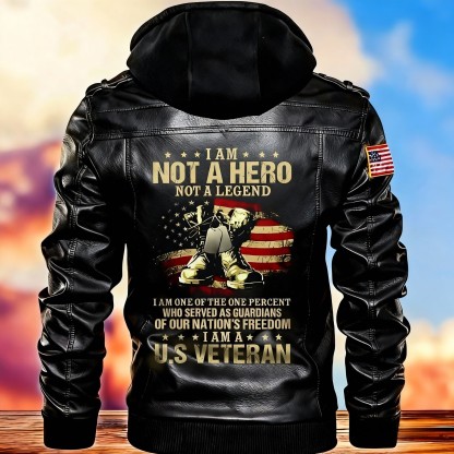 U.S Veteran Leather Hoodie Jacket - "Not A Hero, Just A Guardian"