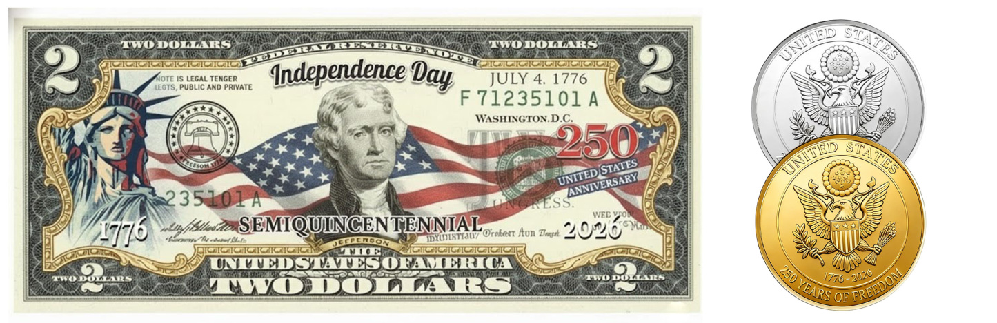 USA 250th Patriotic Bundle – Peace Coins & Independence $2 Bill