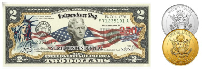 USA 250th Patriotic Bundle – Peace Coins & Independence $2 Bill