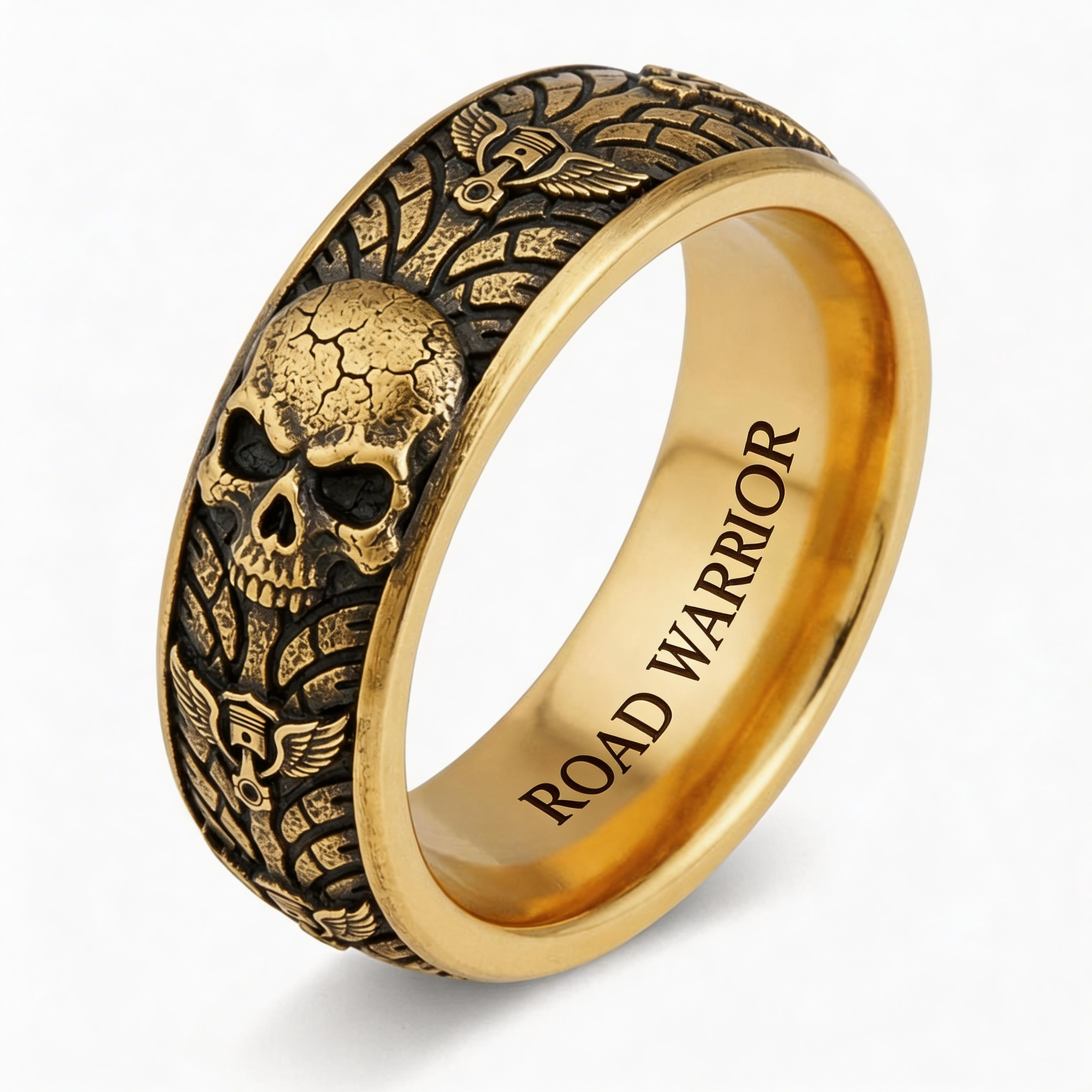 Vintage Harley-style rubber tire texture gold ring