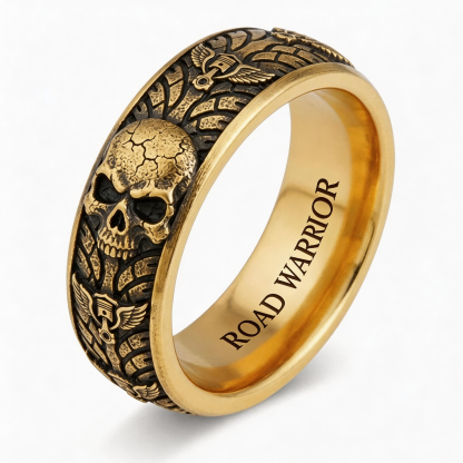 Vintage Harley-style rubber tire texture gold ring