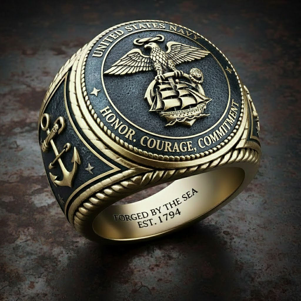 Vintage USN Gold & Navy Enamel Ring - Forged By The Sea EST.1794 Navy Gift