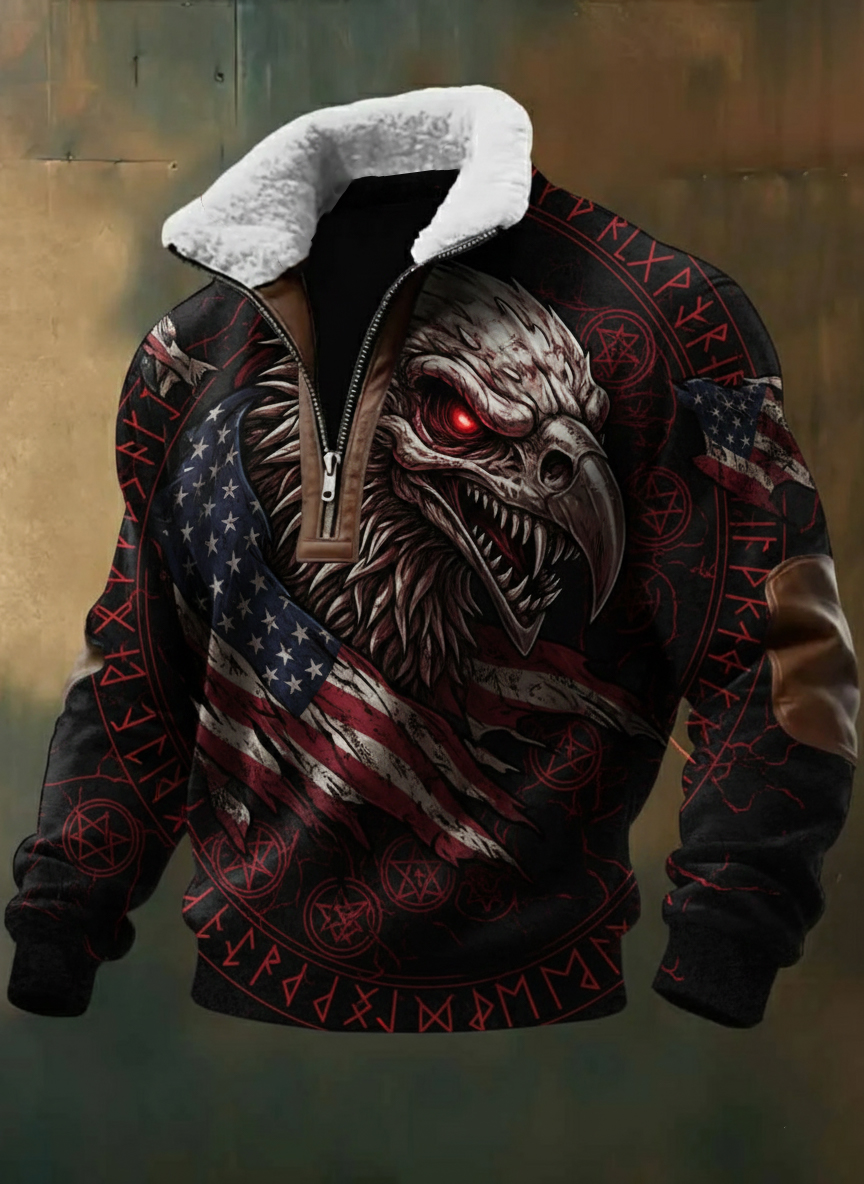 Men's Sherpa Lined V-Neck Sweatshirt, Patriotic Eagle