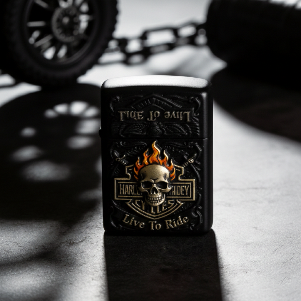 Flaming Skull - Matte Black "Live To Ride" Tactical Lighter