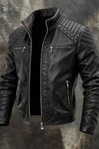 Men's Retro Motorcycle Washed Leather Stand-Up Collar Jacket