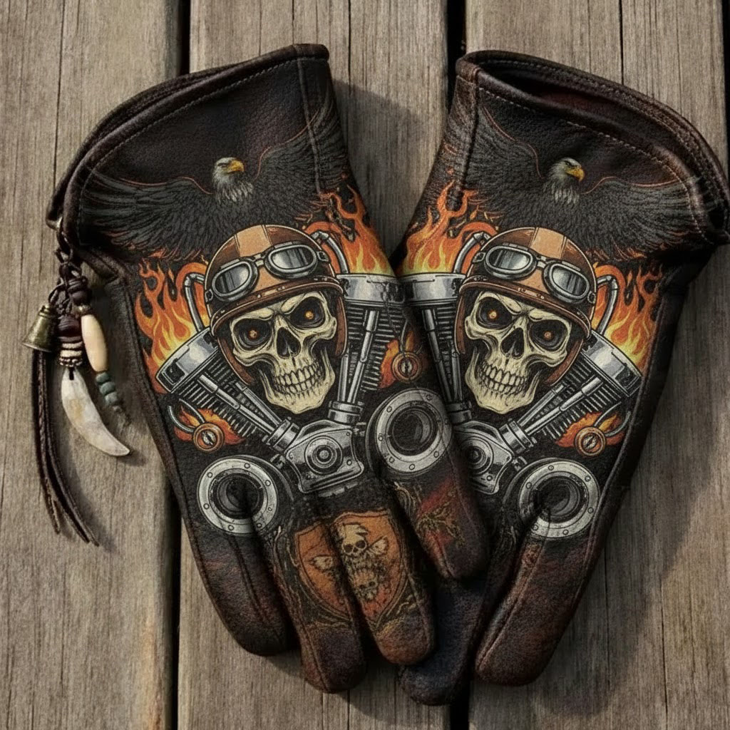 Hardcore biker style engine patriotic leather riding gloves