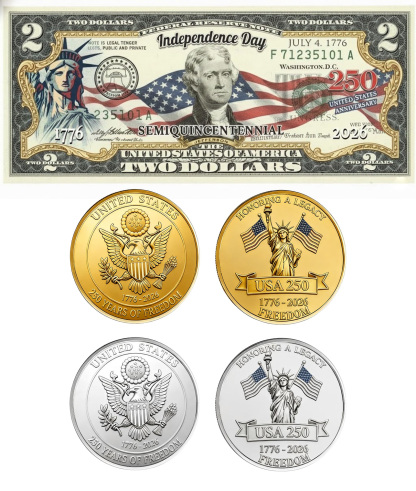 USA 250th Patriotic Bundle – Peace Coins & Independence $2 Bill