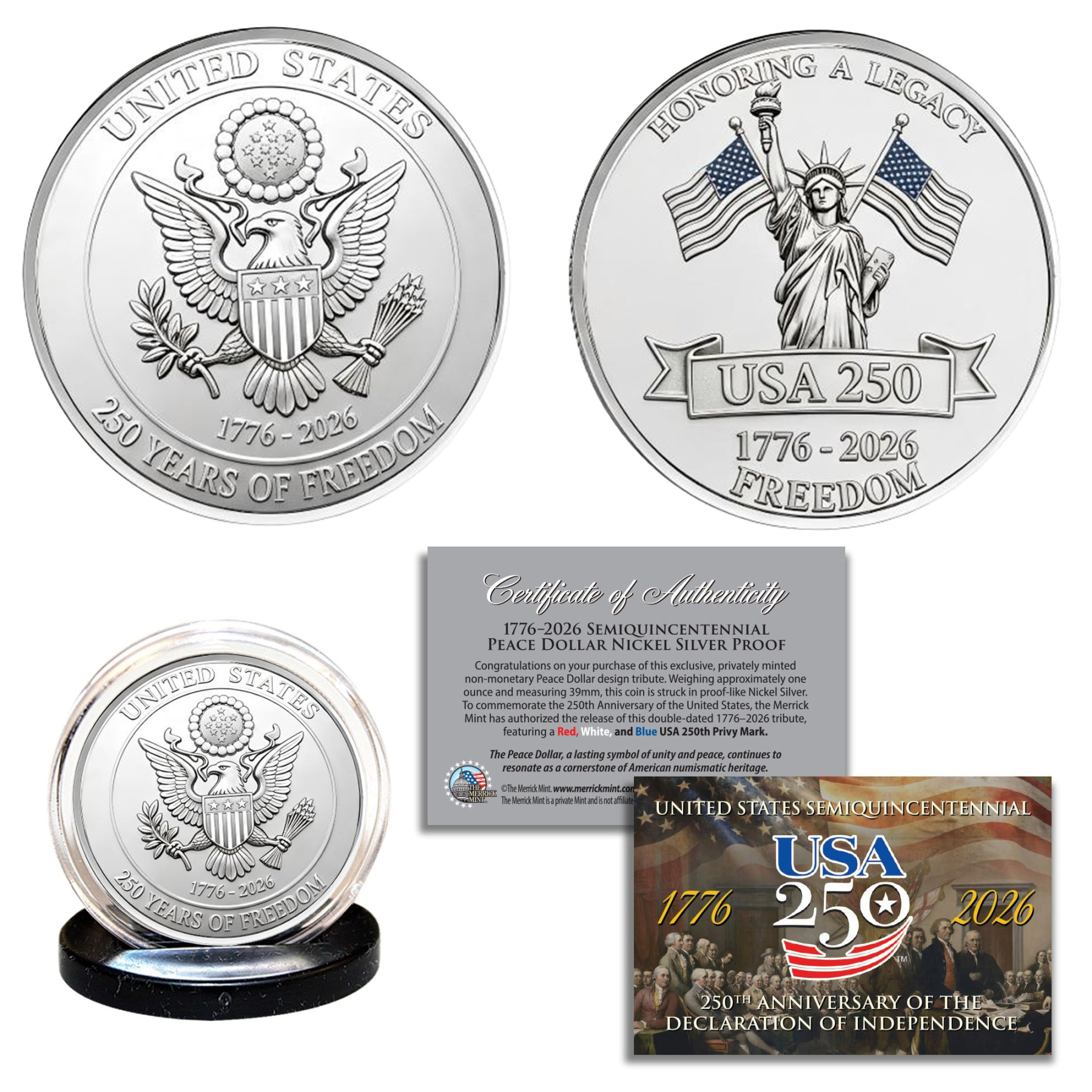 USA 250th Patriotic Bundle – Peace Coins & Independence $2 Bill