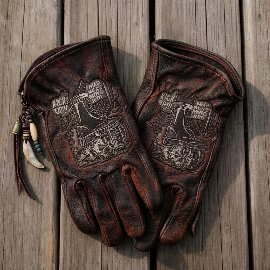 Vintage Workwear Yellow Flame Contrast Genuine Leather Biker Gloves