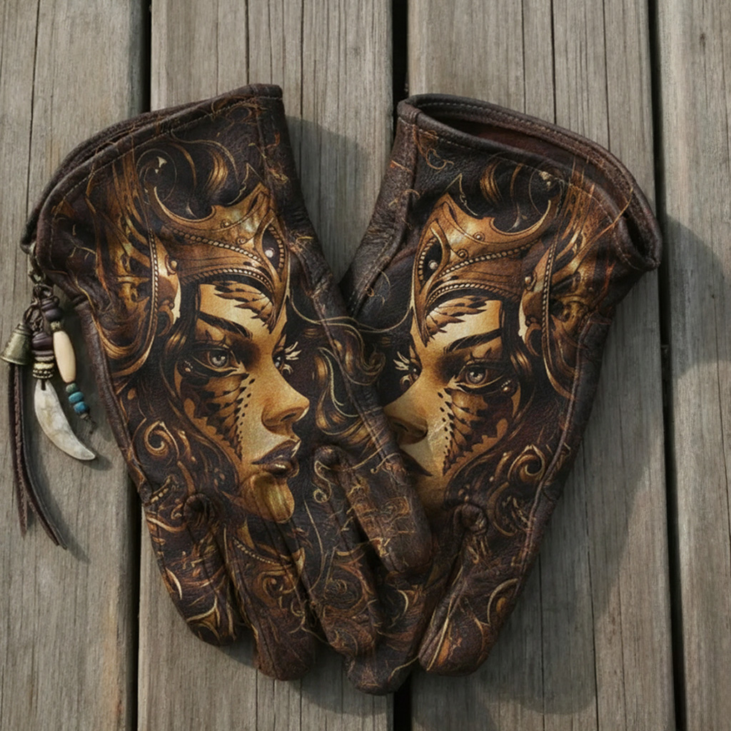 Vintage Bohemian Ornate Goddess Portrait Art Leather Gloves