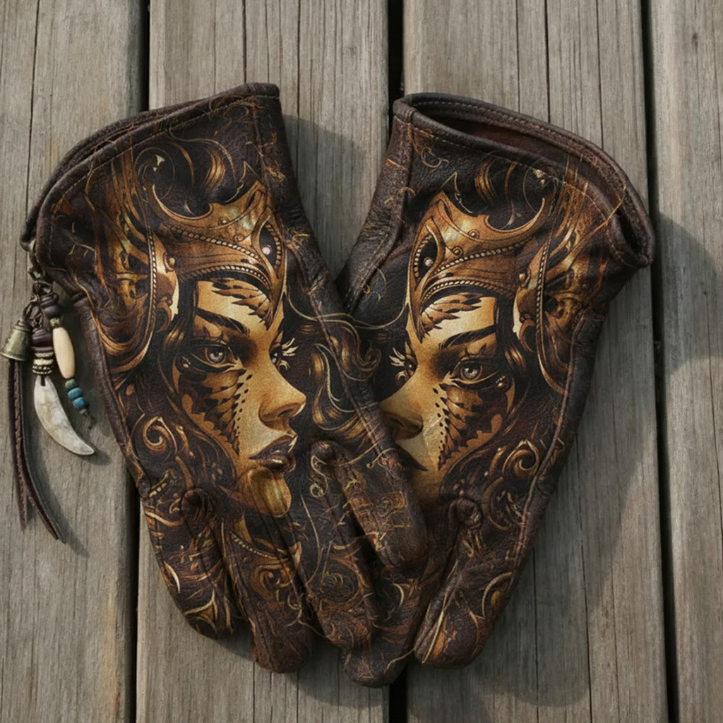Vintage Bohemian Ornate Goddess Portrait Art Leather Gloves
