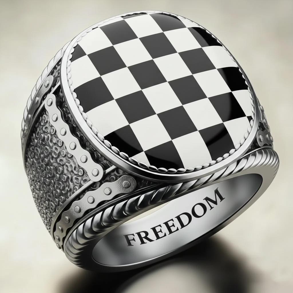 Racing Style Checkered Flag Motorbike Chain Punk Silver Signet Ring