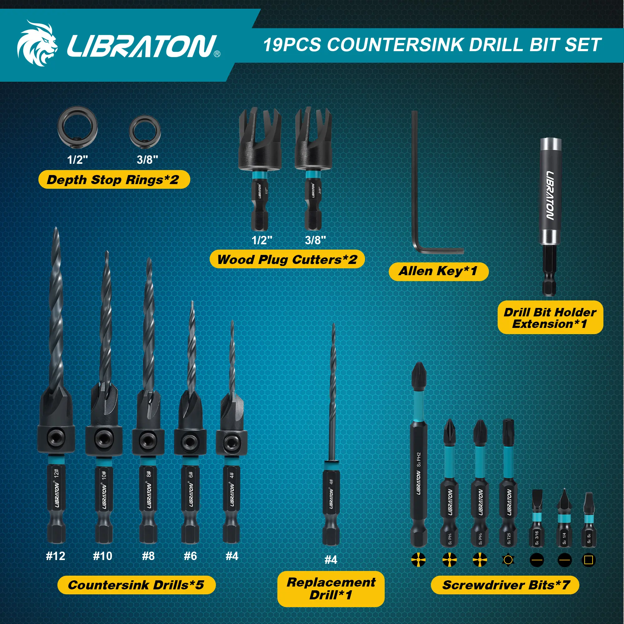 19-Piece Professional Countersink Drill Bit Set – Tapered Bits for Woodworking | Wood Plug Cutters & 1/4" Hex Shank | Precision Depth Control for Flawless Joinery