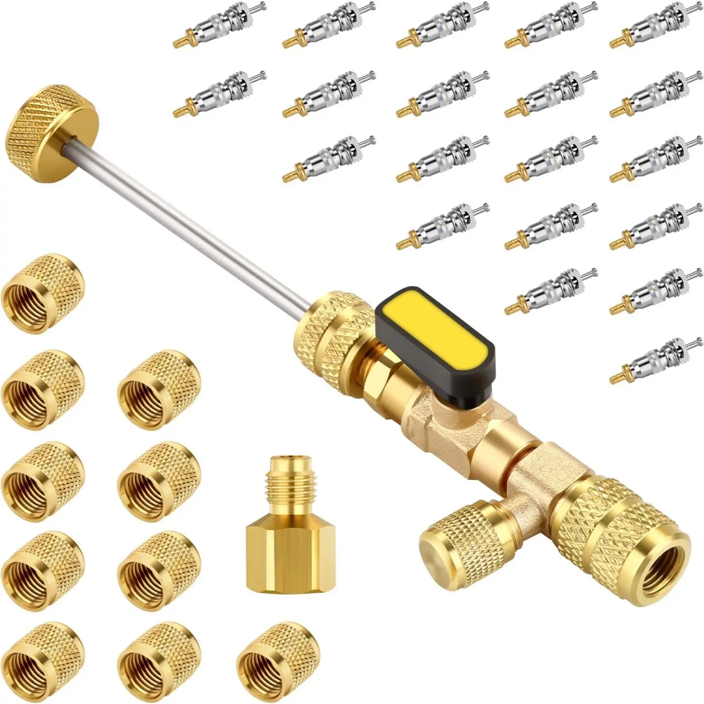 Pro-Series AC Valve Core Remover & Installer Tool – Dual SAE 1/4" & 5/16" Ports | 30-Pc Master Accessory Kit | Compatible with R410A, R32, R22 | No Refrigerant Loss & High-Pressure Rated