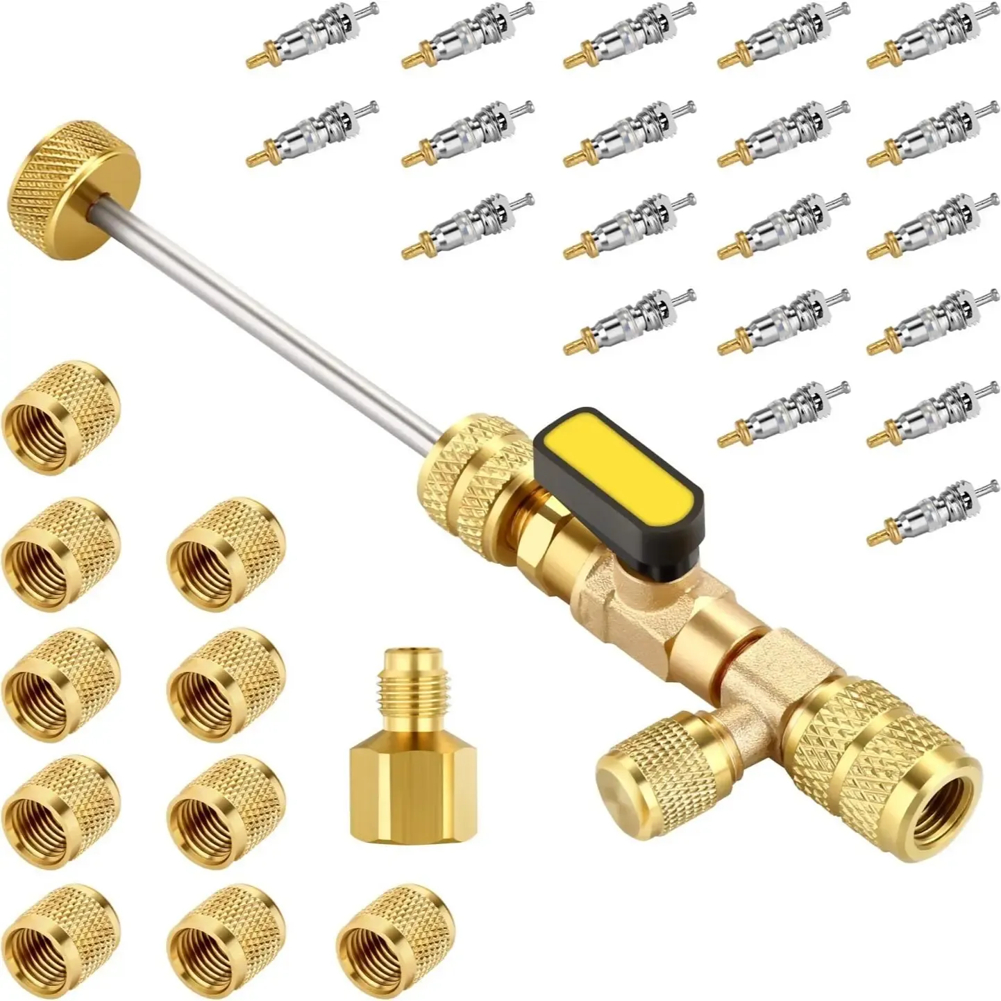 Pro-Series AC Valve Core Remover & Installer Tool – Dual SAE 1/4" & 5/16" Ports | 30-Pc Master Accessory Kit | Compatible with R410A, R32, R22 | No Refrigerant Loss & High-Pressure Rated