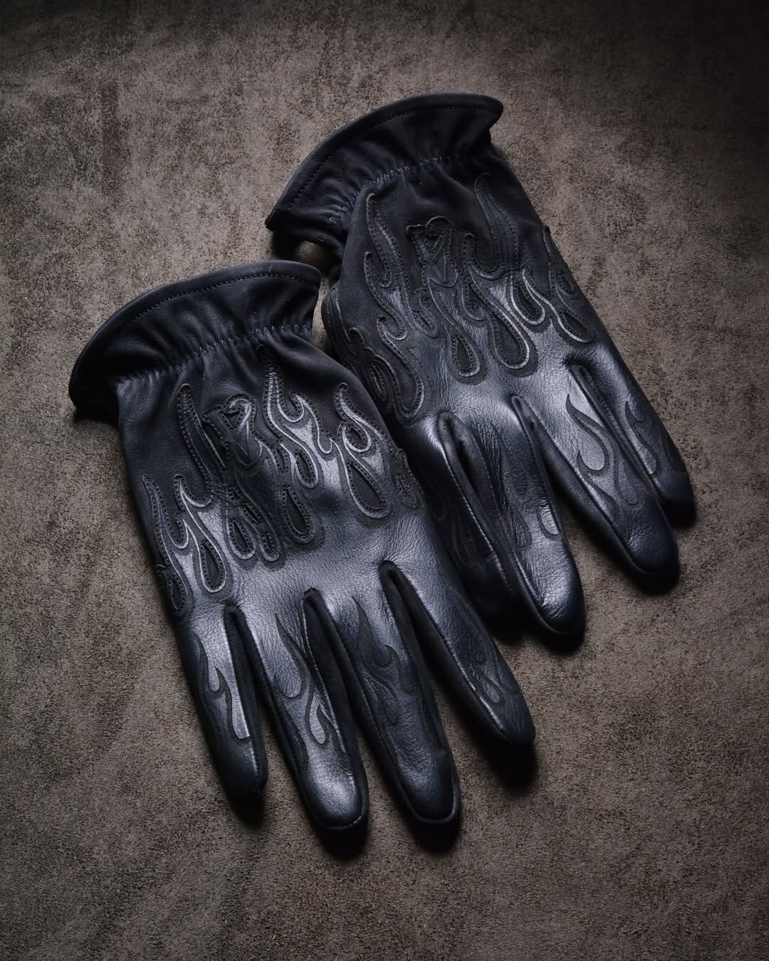 Minimalist Stealth All Black Flame Embossed Leather Tactical Gloves