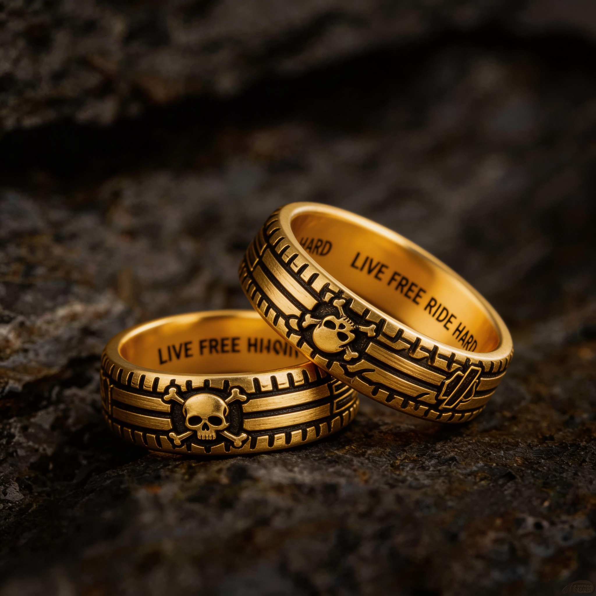 Vintage Harley-style rubber tire texture gold ring