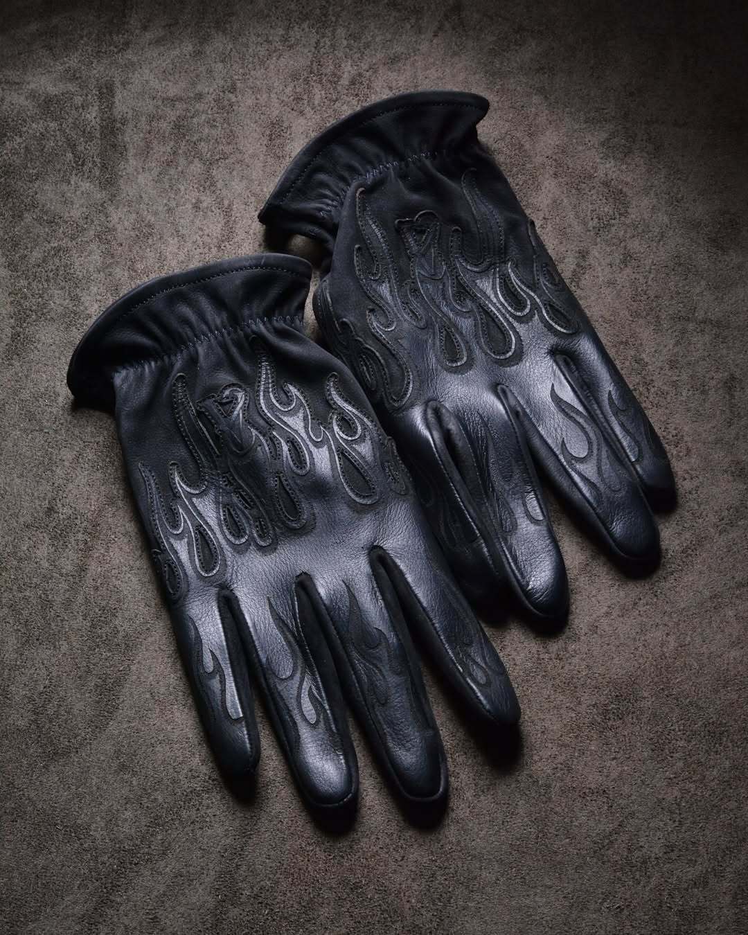 Minimalist Stealth All Black Flame Embossed Leather Tactical Gloves