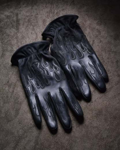 Minimalist Stealth All Black Flame Embossed Leather Tactical Gloves