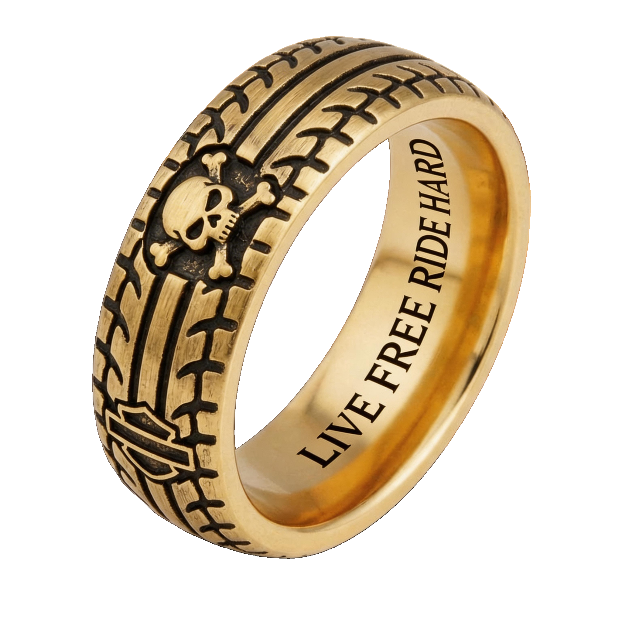 Vintage Harley-style rubber tire texture gold ring