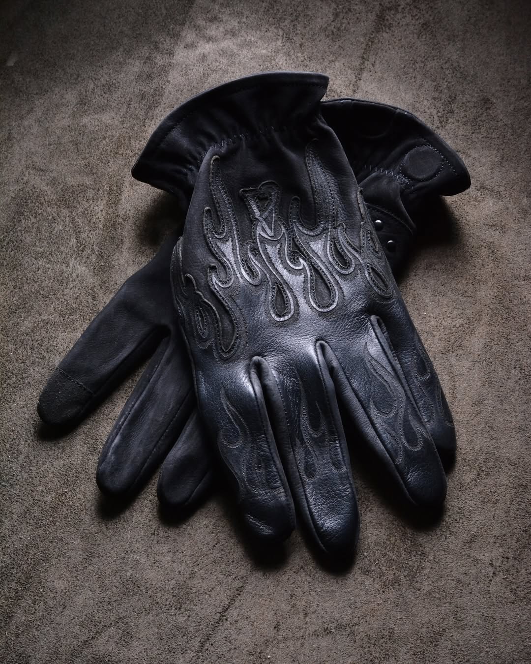 Minimalist Stealth All Black Flame Embossed Leather Tactical Gloves