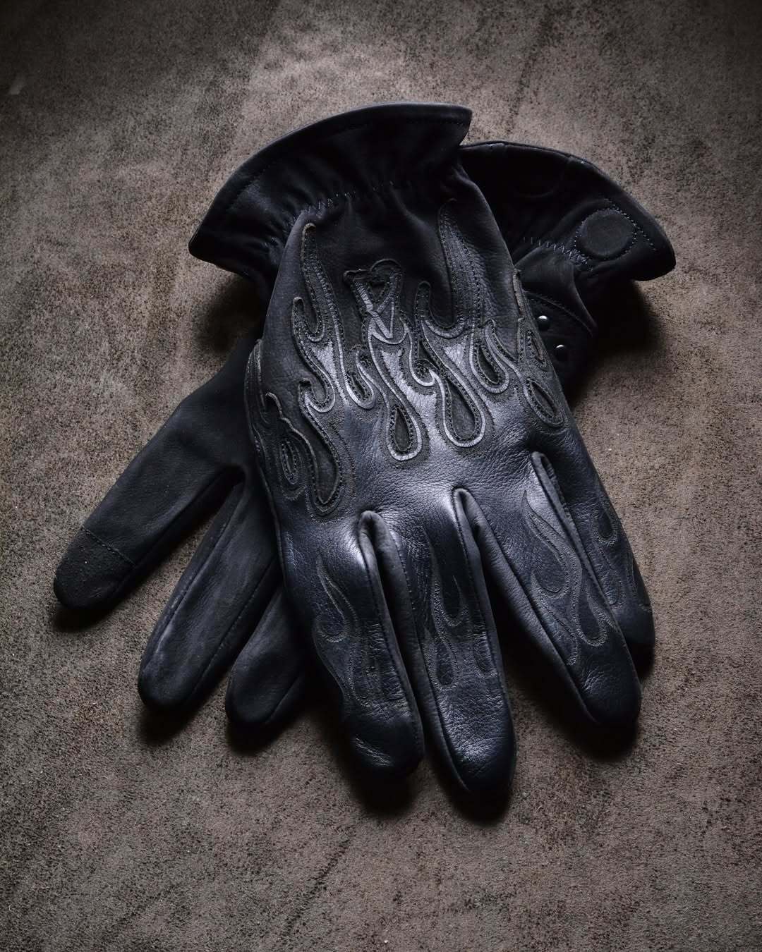 Minimalist Stealth All Black Flame Embossed Leather Tactical Gloves
