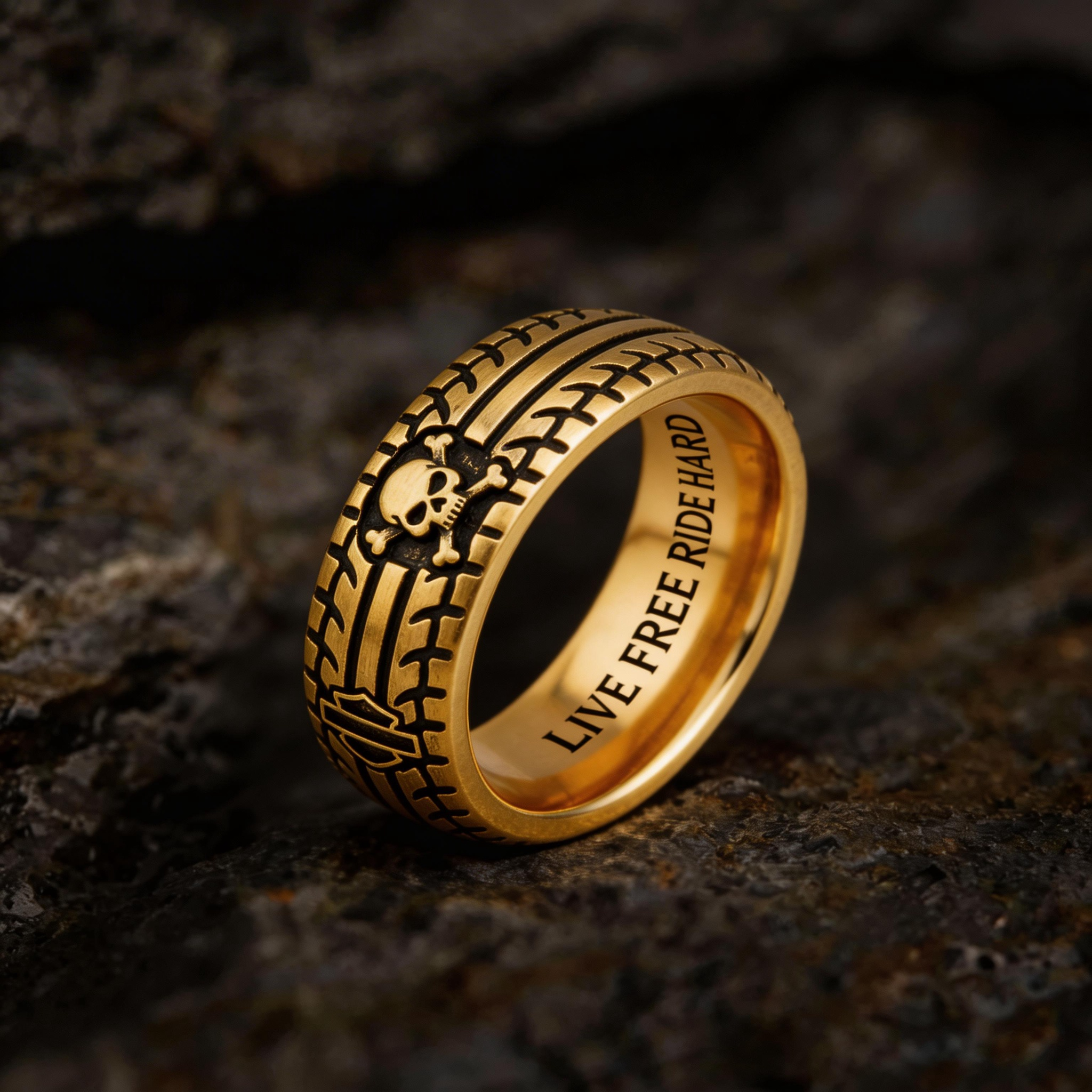 Vintage Harley-style rubber tire texture gold ring