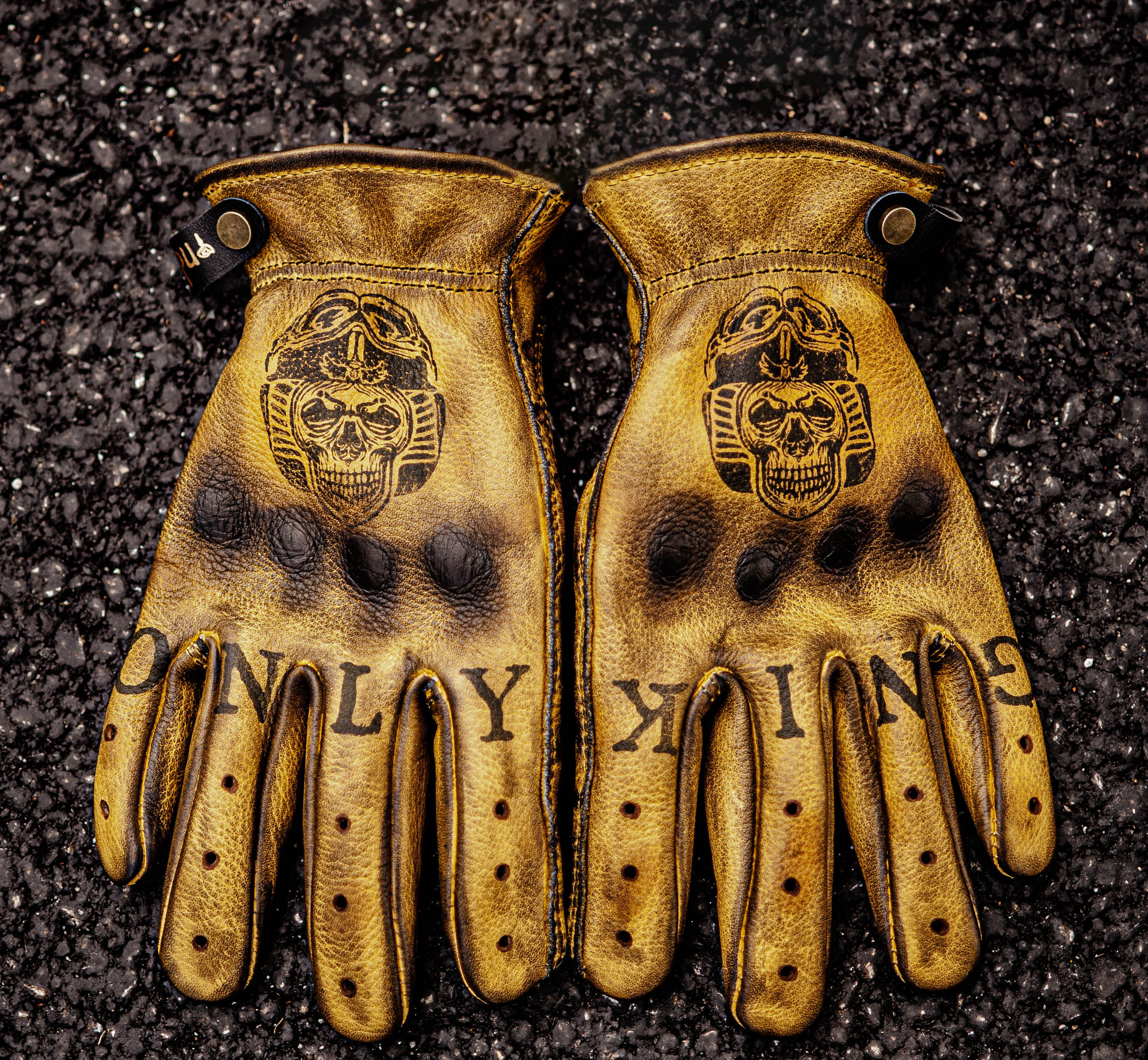 Vintage Hardcore Distressed Leather Pharaoh Skull Print Motorcycle Gloves