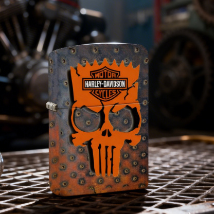 Steampunk Industrial Rusted Iron Plate Orange Skull Harley Lighter