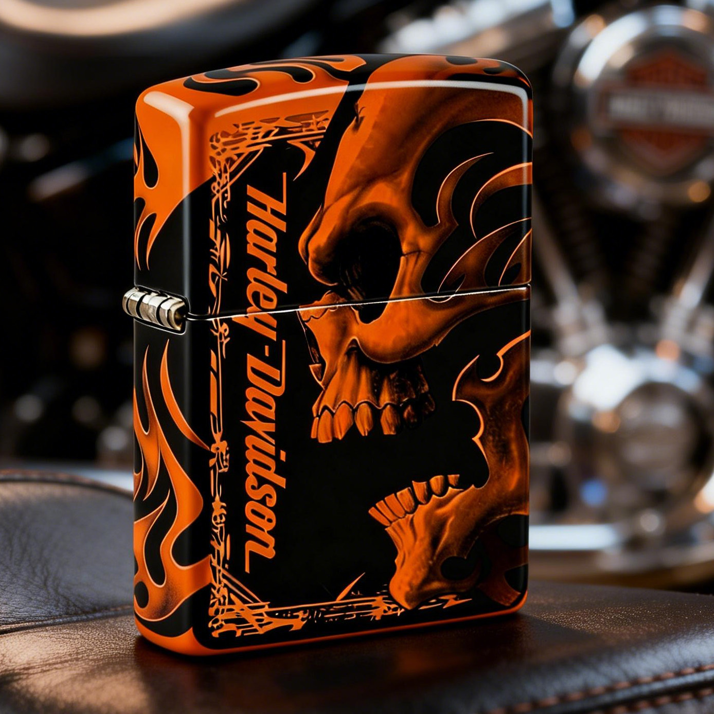 Biker Style Flaming Skull Artistic Windproof Refillable Metal Lighter