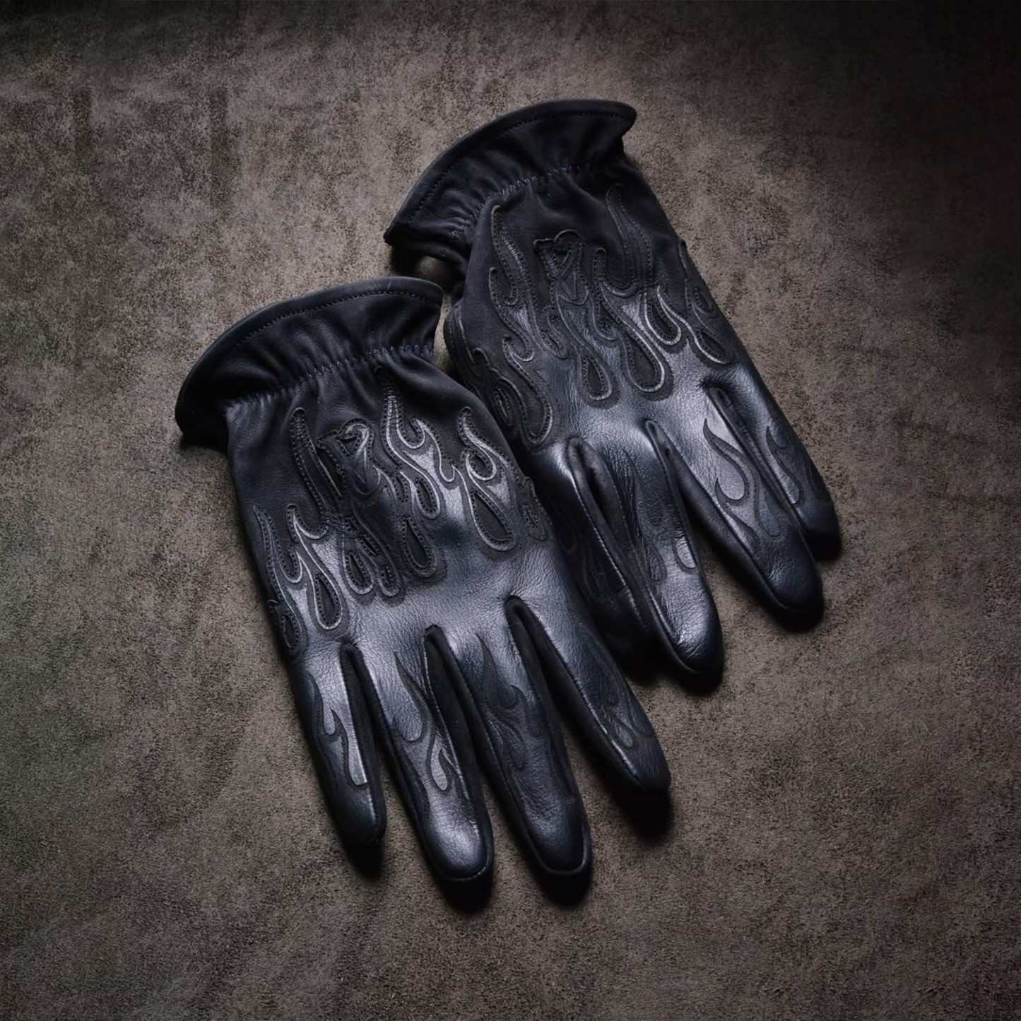 Minimalist Stealth All Black Flame Embossed Leather Tactical Gloves