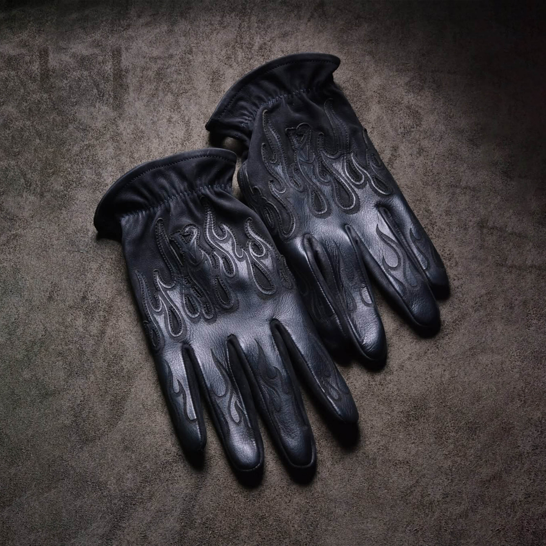 Minimalist Stealth All Black Flame Embossed Leather Tactical Gloves