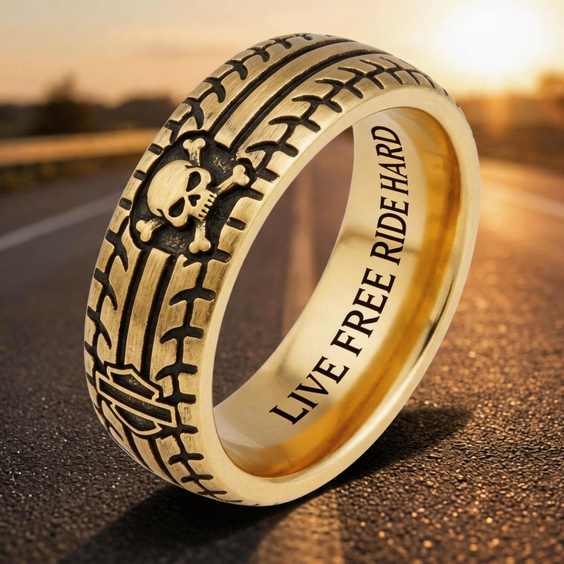 Vintage Harley-style rubber tire texture gold ring